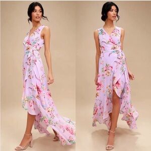 Lulus Tawny Lavender Floral Print Wrap Maxi Dress